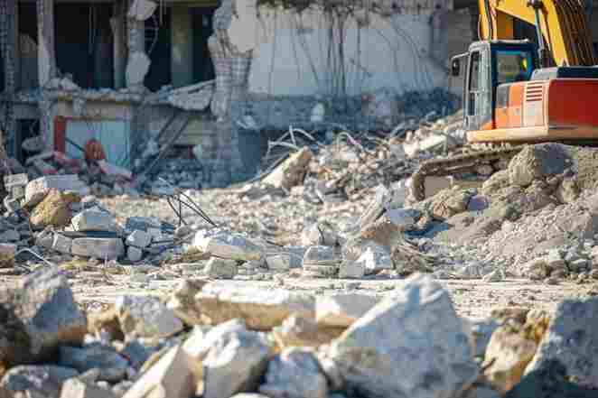 A construction site with heavy machinery amidst rubble and debris from a demolished building in Romford, showcasing a scene of destruction.