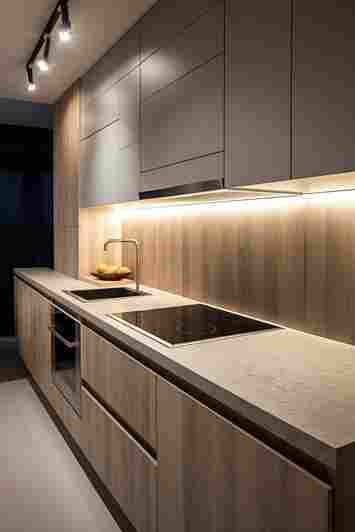 Modern kitchen featuring sleek darker cabinets, wood accents, a minimalist sink, and ambient lighting over a stone countertop.