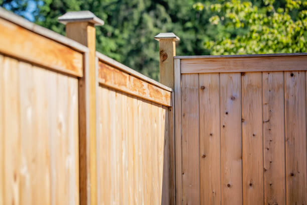 Close-up of wooden fence panels installed in a garden in Romford, showing natural wood grain with greenery in the background